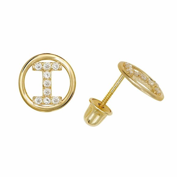14K Solid Yellow Gold 8mm Letter Initial Halo CZ Stud Alphabet Earrings - Picture 10 of 15